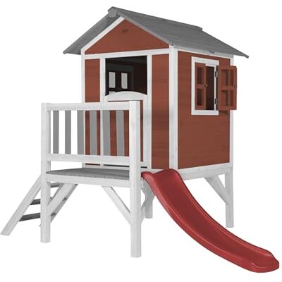 AXI Kinderhuis Beach Lodge XL in grijs met glijbaan in rood FFC houten speelhuis voor kinderen huis/speelhut voor de tuin AXI Kinderhuis Beach Lodge XL in grijs met glijbaan in rood FFC houten speelhuis voor kinderen huis/speelhut voor de tuin