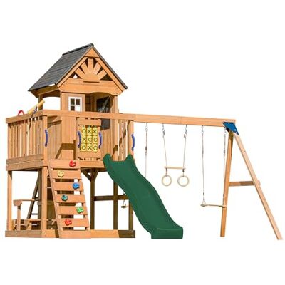 AXI Jack Speelplaats van hout met glijbaan, groen 2 schommels, trapezium, klimwand, picknicktafel en zandbak, FSC-gecertificeerd, hoogte platform 120 cm AXI Jack Speelplaats van hout met glijbaan, groen 2 schommels, trapezium, klimwand, picknicktafel en zandbak, FSC-gecertificeerd, hoogte platform 120 cm