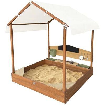 AXI Meli Zandbak en speelhuis van hout met keuken en dak, bruin, met schoolbord, waterreservoir en 6 accessoires, vloercoating, 120 x 120 x 144,5 cm AXI Meli Zandbak en speelhuis van hout met keuken en dak, bruin, met schoolbord, waterreservoir en 6 accessoires, vloercoating, 120 x 120 x 144,5 cm
