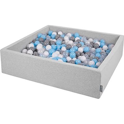 KiddyMoon ballenbad 120 x 30 cm/300 ballen, groot, vierkant, voor baby's, gemaakt in de EU, lichtgrijs: grijs-wit-transparant-babyblauw KiddyMoon ballenbad 120 x 30 cm/300 ballen, groot, vierkant, voor baby's, gemaakt in de EU, lichtgrijs: grijs-wit-transparant-babyblauw