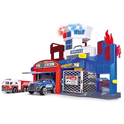 Dickie Toys Brandweer- en politiegarage met 2 speelgoedauto's met lift, blauw licht, sirene, brandweerfunctie, voor kinderen vanaf 3 jaar Dickie Toys Brandweer- en politiegarage met 2 speelgoedauto's met lift, blauw licht, sirene, brandweerfunctie, voor kinderen vanaf 3 jaar