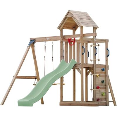 AXI Moos Speelplaats van hout met 2 schommels, pastelgroene glijbaan, touwladder, speeltuin buiten met schommels/zandbak/klimmuur, schommelveranda/houten spelletjes AXI Moos Speelplaats van hout met 2 schommels, pastelgroene glijbaan, touwladder, speeltuin buiten met schommels/zandbak/klimmuur, schommelveranda/houten spelletjes