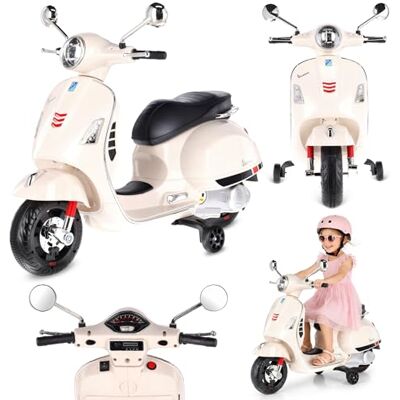 Sun Vespa Elektrische motorfiets voor kinderen met wielen en zitting van kunststof, MP3-speler, AUX-aansluiting, microSD-USD (wit zonder koffer) Sun Vespa Elektrische motorfiets voor kinderen met wielen en zitting van kunststof, MP3-speler, AUX-aansluiting, microSD-USD (wit zonder koffer)