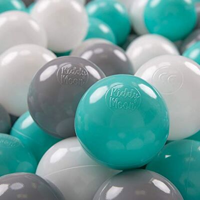 KiddyMoon Gekleurde plastic ballen voor babyzwembad, 300 ballen, ∅ 7 cm, gemaakt in de EU, wit, grijs, licht turquoise KiddyMoon Gekleurde plastic ballen voor babyzwembad, 300 ballen, ∅ 7 cm, gemaakt in de EU, wit, grijs, licht turquoise