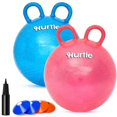 Hurtle 2 springballonnen met glitter, 3-6 jaar, blauw en rood, pomp en kegels Hurtle 2 springballonnen met glitter, 3-6 jaar, blauw en rood, pomp en kegels