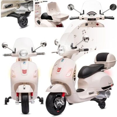 Sun Vespa Elektrische motorfiets voor kinderen met wielen en kunststof zitting, kofferbak, MP3-speler, AUX-aansluiting MicroSD USD (wit) Sun Vespa Elektrische motorfiets voor kinderen met wielen en kunststof zitting, kofferbak, MP3-speler, AUX-aansluiting MicroSD USD (wit)
