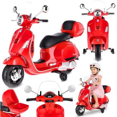 Sun Vespa Elektrische motorfiets voor kinderen met wielen en zitting van kunststof, kofferbak, MP3-speler, AUX-aansluiting, microSD USD (rood) Sun Vespa Elektrische motorfiets voor kinderen met wielen en zitting van kunststof, kofferbak, MP3-speler, AUX-aansluiting, microSD USD (rood)