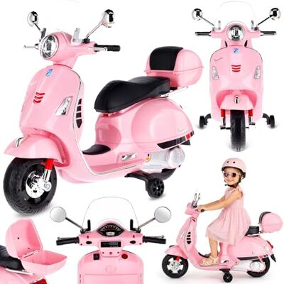 Sun Vespa Elektrische motorfiets voor kinderen, met wielen en zitting van kunststof, kofferbak, MP3-speler, AUX-aansluiting, microSD USD (lichtroze) Sun Vespa Elektrische motorfiets voor kinderen, met wielen en zitting van kunststof, kofferbak, MP3-speler, AUX-aansluiting, microSD USD (lichtroze)