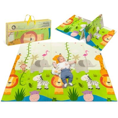 Lionelo Robby Babykruipmat, omkeerbaar, XXL, 180 x 200 cm, opvouwbaar en waterdicht, dik antislip schuim, comfortabel en veilig vanaf de geboorte, draagtas, safari- en stadspatronen Lionelo Robby Babykruipmat, omkeerbaar, XXL, 180 x 200 cm, opvouwbaar en waterdicht, dik antislip schuim, comfortabel en veilig vanaf de geboorte, draagtas, safari- en stadspatronen
