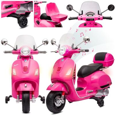 Sun Vespa Elektrische motorfiets voor kinderen met wielen en kunststof zitting, kofferbak, MP3-speler, AUX-stekker MicroSD USD (fuchsia) Sun Vespa Elektrische motorfiets voor kinderen met wielen en kunststof zitting, kofferbak, MP3-speler, AUX-stekker MicroSD USD (fuchsia)