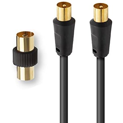 APM Tv-kabel, antenne, 9,52 mm, 5 m, gouden stekker/stekker, coaxkabel, zwart, met adapter vrouwelijk/vrouwelijk, compatibel met tv-decoder, DTT-wandstekker, 9,52 mm, 408026, 5 m APM Tv-kabel, antenne, 9,52 mm, 5 m, gouden stekker/stekker, coaxkabel, zwart, met adapter vrouwelijk/vrouwelijk, compatibel met tv-decoder, DTT-wandstekker, 9,52 mm, 408026, 5 m