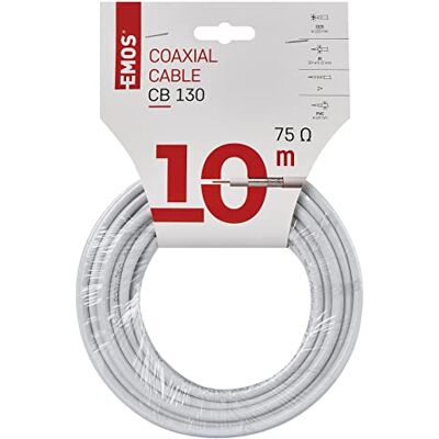 EMOS Antennekabel, wit, 10 m, coaxkabel voor bekabeling, tv en satelliet, type CB130, tv-kabel met 75 dB afscherming, 75 ohm weerstand EMOS Antennekabel, wit, 10 m, coaxkabel voor bekabeling, tv en satelliet, type CB130, tv-kabel met 75 dB afscherming, 75 ohm weerstand