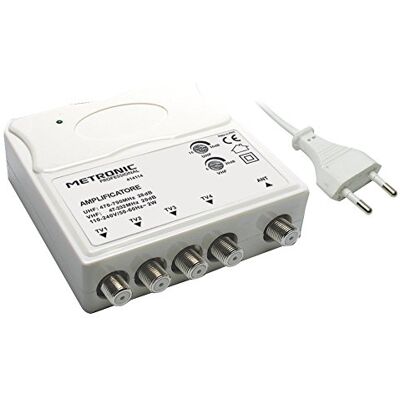 Metronic 414114 VHF/UHF tv-versterker voor terrestrische digital met LTE-filter, VHF 20 DB en UHF 28 DB, verstelbaar, 1 ingang/4 uitgangen, binnen, wit Metronic 414114 VHF/UHF tv-versterker voor terrestrische digital met LTE-filter, VHF 20 DB en UHF 28 DB, verstelbaar, 1 ingang/4 uitgangen, binnen, wit