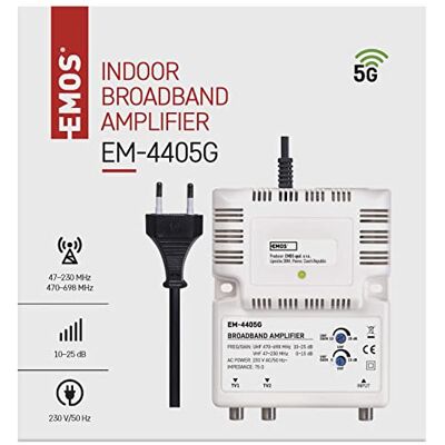 EMOS 25 dB breedbandversterker (frequentiebereik 47-230 MHz, 470-698 MHz) voor DVB-T2, kabel-tv of antennes, 1 ingang, 2 uitgangen, 10,5 x 13,5 x 4 cm EMOS 25 dB breedbandversterker (frequentiebereik 47-230 MHz, 470-698 MHz) voor DVB-T2, kabel-tv of antennes, 1 ingang, 2 uitgangen, 10,5 x 13,5 x 4 cm