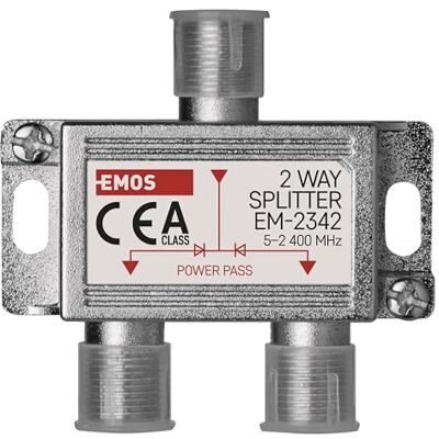 EMOS 2-weg antenneverdeler klasse A 2-weg splitter met F-stekker volledig afgeschermd 3,7 dB frequentie 5-2400 MHz 1 ingang/2 uitgangen tv-splitter met DC-doorgang EMOS 2-weg antenneverdeler klasse A 2-weg splitter met F-stekker volledig afgeschermd 3,7 dB frequentie 5-2400 MHz 1 ingang/2 uitgangen tv-splitter met DC-doorgang