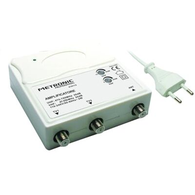 Metronic 414113 Vhf/Uhf tv-versterker voor terrestrische digital met Lte-filter, Vhf 25 dB instelbaar, Uhf 30 dB verstelbaar, 1 ingang/2 uitgangen, binnen, wit Metronic 414113 Vhf/Uhf tv-versterker voor terrestrische digital met Lte-filter, Vhf 25 dB instelbaar, Uhf 30 dB verstelbaar, 1 ingang/2 uitgangen, binnen, wit