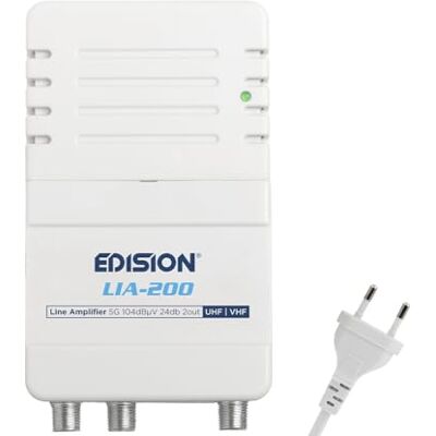 Edision LIA-200 UHF/VHF TV-antenneversterker voor binnen, 12-24 dB, instelbaar, 104 dBmV, voor terrestrische digitale DVB-T/T2, met 5G LTE-filter, 1 ingang, 2 uitgangen Edision LIA-200 UHF/VHF TV-antenneversterker voor binnen, 12-24 dB, instelbaar, 104 dBmV, voor terrestrische digitale DVB-T/T2, met 5G LTE-filter, 1 ingang, 2 uitgangen