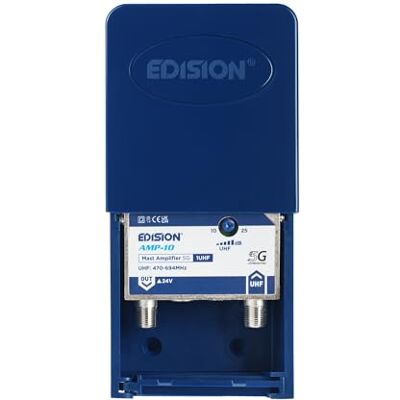 Edision AMP-10 1UHF paal tv-antenneversterker, 10-25 dB, instelbaar, 107 dBmV, 24 V, voor terrestrische digitale DVB-T/T2, UHF-frequenties 470-694 MHz, met 5G LTE-filter Edision AMP-10 1UHF paal tv-antenneversterker, 10-25 dB, instelbaar, 107 dBmV, 24 V, voor terrestrische digitale DVB-T/T2, UHF-frequenties 470-694 MHz, met 5G LTE-filter