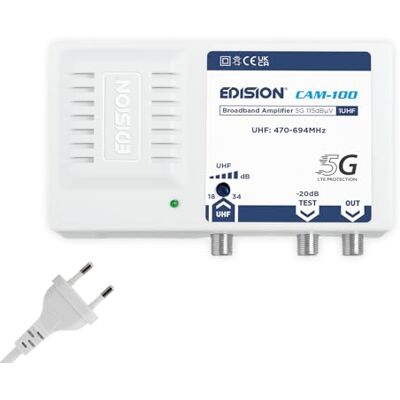 Edision CAM-100 1UHF breedbandversterker, 18-34 dB, verstelbaar, 115 dBmV, antenneversterker geschikt voor DVB-T/T2 terrestrische 5G LTE-filter, UHF-frequentiebereik 470-694 MHz Edision CAM-100 1UHF breedbandversterker, 18-34 dB, verstelbaar, 115 dBmV, antenneversterker geschikt voor DVB-T/T2 terrestrische 5G LTE-filter, UHF-frequentiebereik 470-694 MHz