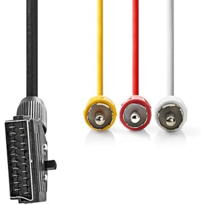 NEDIS Scart-kabel Scart-stekker 3 RCA-stekkers vernikkeld schakelbaar 480p 2m rond pvc label NEDIS Scart-kabel Scart-stekker 3 RCA-stekkers vernikkeld schakelbaar 480p 2m rond pvc label