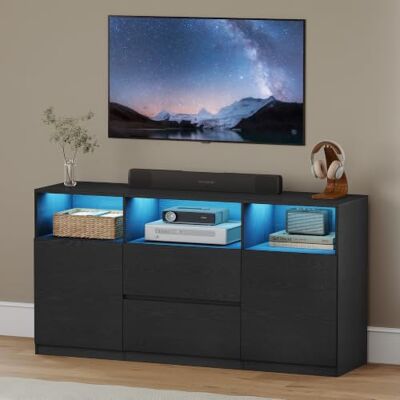 Hzuaneri TV-meubel met RGB-led en afstandsbediening, 147 x 40 x 76 cm Sideboard 147 cm, zwart, voor tv's tot 65 inch, 3 open opbergruimtes, voor woonkamer, slaapkamer, TV17004XEU Hzuaneri TV-meubel met RGB-led en afstandsbediening, 147 x 40 x 76 cm Sideboard 147 cm, zwart, voor tv's tot 65 inch, 3 open opbergruimtes, voor woonkamer, slaapkamer, TV17004XEU