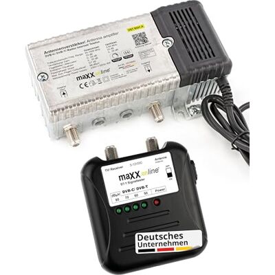 maxx.onLine Kabeltelevisie-antenneversterker 33 dB met DVB-C/DVB-T kabeltelevisie-signaaltester, DVB-C thuisverbindingsversterker, thuisversterker maxx.onLine Kabeltelevisie-antenneversterker 33 dB met DVB-C/DVB-T kabeltelevisie-signaaltester, DVB-C thuisverbindingsversterker, thuisversterker