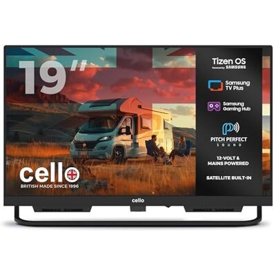Cello CTRAV-19TZ Traveller Smart TV zonder frame, 12 V, 19 inch met Samsung Tizen besturingssysteem, Pitch Perfect Bluetooth-luidspreker, gaming-hub, ideale tv voor camper, drievoudig Cello CTRAV-19TZ Traveller Smart TV zonder frame, 12 V, 19 inch met Samsung Tizen besturingssysteem, Pitch Perfect Bluetooth-luidspreker, gaming-hub, ideale tv voor camper, drievoudig