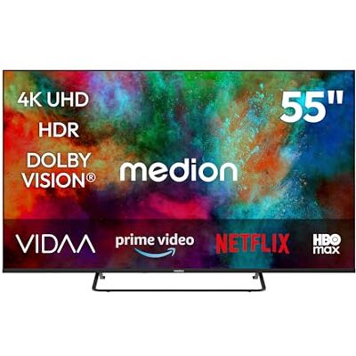 Medion 138,8 cm 55 inch Ultra HD Smart TV Dolby Vision HDR Dolby Atmos VIDA Store Prime Video Disney + DAZN HbbTV PVR Bluetooth HD+, MD855302 Medion 138,8 cm 55 inch Ultra HD Smart TV Dolby Vision HDR Dolby Atmos VIDA Store Prime Video Disney + DAZN HbbTV PVR Bluetooth HD+, MD855302