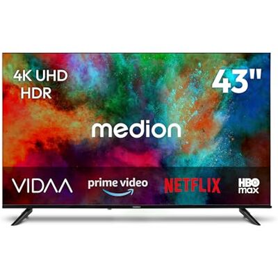 Medion 108 cm 43 inch Ultra HD Smart TV HDR10 VIDA Store Prime Video Disney+ DAZN HbbTV PVR Bluetooth HD+, MD843201 Medion 108 cm 43 inch Ultra HD Smart TV HDR10 VIDA Store Prime Video Disney+ DAZN HbbTV PVR Bluetooth HD+, MD843201
