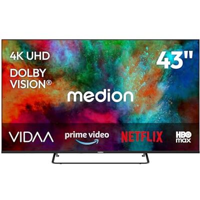 Medion 108 cm 43 inch Ultra HD Smart TV Dolby Vision HDR Prime Video Disney+ DAZN Dolby Atmos VIDA Store PVR Bluetooth, MD843302 Medion 108 cm 43 inch Ultra HD Smart TV Dolby Vision HDR Prime Video Disney+ DAZN Dolby Atmos VIDA Store PVR Bluetooth, MD843302