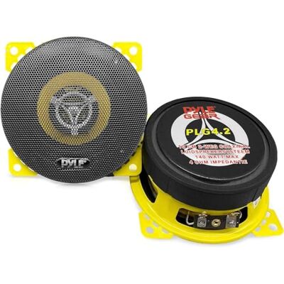 Pyle 2-weg coaxiale luidsprekers – 10 cm (4 inch) – 140 W – 4 ohm – paar voor auto – geïntegreerde tweeter – inbouwdiepte 4,7 cm (1,85 inch) – magneet 570 g – compatibel met OEM-sleuven, geel Pyle 2-weg coaxiale luidsprekers – 10 cm (4 inch) – 140 W – 4 ohm – paar voor auto – geïntegreerde tweeter – inbouwdiepte 4,7 cm (1,85 inch) – magneet 570 g – compatibel met OEM-sleuven, geel