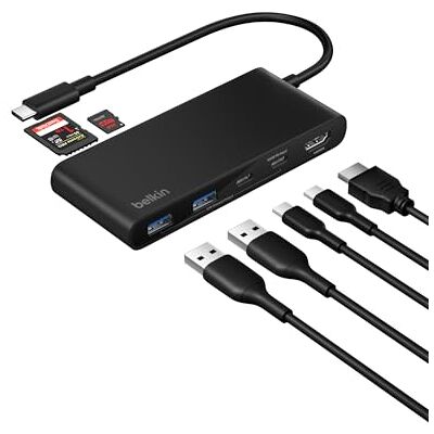 Belkin USB-C hub met 7 poorten met HDMI 4K bij 60 Hz, SD- en MicroSD-kaartlezer, 100 W, gegevensoverdracht 5 Gbit/s, voor MacBook, iPad Pro, Chromebook, enz. Zwart Belkin USB-C hub met 7 poorten met HDMI 4K bij 60 Hz, SD- en MicroSD-kaartlezer, 100 W, gegevensoverdracht 5 Gbit/s, voor MacBook, iPad Pro, Chromebook, enz. Zwart