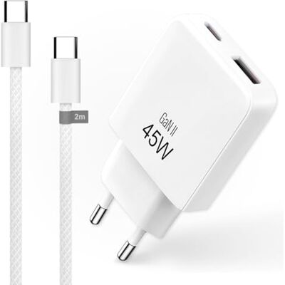 Waytex GaN snellader 45 W + USB-C naar USB-C kabel 2 m gevlochten nylon – compact stopcontact en versterkt snoer 60 W – voor iPhone 17, Samsung, MacBook, iPad en tablets – wit Waytex GaN snellader 45 W + USB-C naar USB-C kabel 2 m gevlochten nylon – compact stopcontact en versterkt snoer 60 W – voor iPhone 17, Samsung, MacBook, iPad en tablets – wit