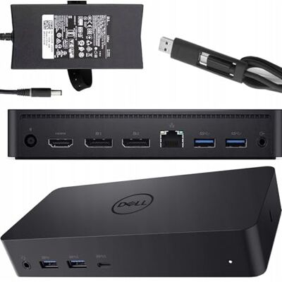 Dell D6000 USB-C drievoudige dockingstation, tot drie schermen 4K, UHD 5K, USB 3.0, Gigabit Ethernet, 130 W voedingsadapter, laadt een laptop tot 65 W op Dell D6000 USB-C drievoudige dockingstation, tot drie schermen 4K, UHD 5K, USB 3.0, Gigabit Ethernet, 130 W voedingsadapter, laadt een laptop tot 65 W op