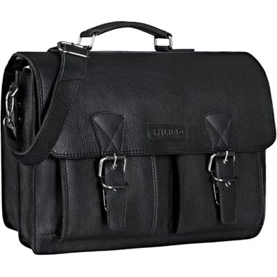 STILORD "Jeffrey" Schooltas van echt leer, grote lerarentas, aktetas, heren en dames, laptoptas 15,6 inch, schoudertas met trolley-bevestiging, kleur: zwart STILORD "Jeffrey" Schooltas van echt leer, grote lerarentas, aktetas, heren en dames, laptoptas 15,6 inch, schoudertas met trolley-bevestiging, kleur: zwart