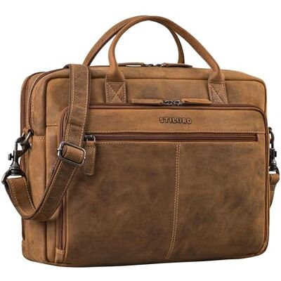 STILORD "Zenon" Leren aktetas voor laptop 15,6-16 inch grote zakelijke tas met schouderriem werktas van echt leer voor dames en heren kleur: bergamo bruin STILORD "Zenon" Leren aktetas voor laptop 15,6-16 inch grote zakelijke tas met schouderriem werktas van echt leer voor dames en heren kleur: bergamo bruin
