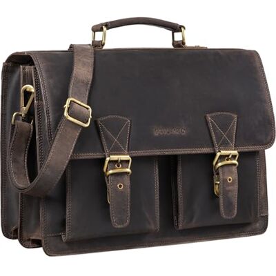 STILORD "Jeffrey" Schooltas van echt leer, grote lerarentas, aktetas, heren en dames, laptoptas 15,6 inch, schoudertas met trolley-bevestiging, kleur: bruin donker STILORD "Jeffrey" Schooltas van echt leer, grote lerarentas, aktetas, heren en dames, laptoptas 15,6 inch, schoudertas met trolley-bevestiging, kleur: bruin donker