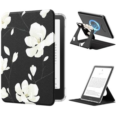 MoKo 360° draaibare afneembare hoes voor 7" e-book reader, Magnolia Transparante achterkant, afneembaar, magnetisch, verstelbare standhoes, auto wake/slaap, niet voor TCL opmerkelijke Kobo MoKo 360° draaibare afneembare hoes voor 7" e-book reader, Magnolia Transparante achterkant, afneembaar, magnetisch, verstelbare standhoes, auto wake/slaap, niet voor TCL opmerkelijke Kobo