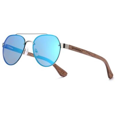 WOODONLY Pilotenzonnebril van hout zonder rand Gepolariseerde zonnebril met metalen frame voor vrouwen en mannen Perfect cadeau, Blauw M WOODONLY Pilotenzonnebril van hout zonder rand Gepolariseerde zonnebril met metalen frame voor vrouwen en mannen Perfect cadeau, Blauw M