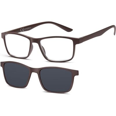 Newvision® Leesbril voor zonnebril met donkere clip-on glazen 100% UVA- en UVB-bescherming, gepolariseerde glazen voor lees- of leesbrillen voor dames en heren NV8126, Bruin +3.00 Newvision® Leesbril voor zonnebril met donkere clip-on glazen 100% UVA- en UVB-bescherming, gepolariseerde glazen voor lees- of leesbrillen voor dames en heren NV8126, Bruin +3.00