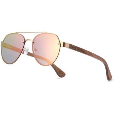 WOODONLY Pilotenzonnebril van hout zonder rand Gepolariseerde zonnebril met metalen frame voor vrouwen en mannen Perfect cadeau, Roze M-L WOODONLY Pilotenzonnebril van hout zonder rand Gepolariseerde zonnebril met metalen frame voor vrouwen en mannen Perfect cadeau, Roze M-L