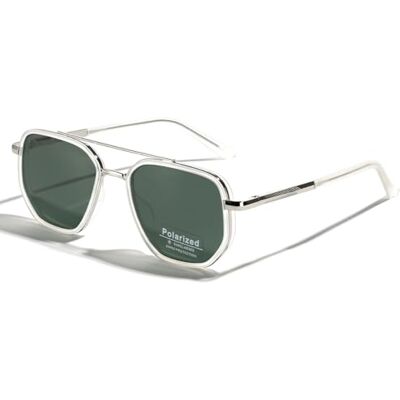 LIGOES TR90 gepolariseerde zonnebril retro vierkante platte dubbele brug volledig montuur UV400 zilver met groen, S S LIGOES TR90 gepolariseerde zonnebril retro vierkante platte dubbele brug volledig montuur UV400 zilver met groen, S S