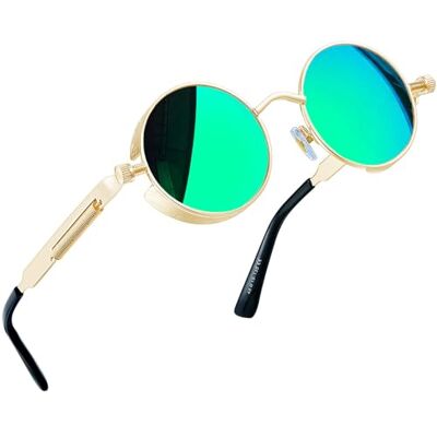 Joopin Steampunk Zonnebril voor dames, rond, gepolariseerd, heren, retro, UV400, spiegel, blauw, groen Eén maat Joopin Steampunk Zonnebril voor dames, rond, gepolariseerd, heren, retro, UV400, spiegel, blauw, groen Eén maat