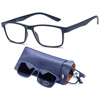 NEWVISION® Leesbril voor zonnebril met clip-on donkere lenzen 100% UVA- en UVB-bescherming, gepolariseerde glazen voor lees- of zichtbrillen voor dames en heren. NV8126, Blauw +2.00 Diottrie NEWVISION® Leesbril voor zonnebril met clip-on donkere lenzen 100% UVA- en UVB-bescherming, gepolariseerde glazen voor lees- of zichtbrillen voor dames en heren. NV8126, Blauw +2.00 Diottrie