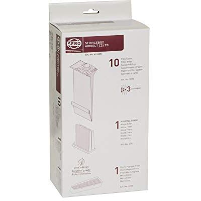 SEBO 6198ER Box met 10 3-laagse filterzakken, 1 ziekenhuisfilter en 1 microfilter voor airbelt C2/C2.1/C3/C3.1 SEBO 6198ER Box met 10 3-laagse filterzakken, 1 ziekenhuisfilter en 1 microfilter voor airbelt C2/C2.1/C3/C3.1