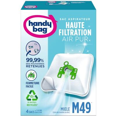 Handy Bag Stofzuigerzakken M49 x4 Compatibel met Miele, Hoover 99,99% van het vastgehouden stof Eenvoudig sluiten Anti-allergeen filter 45% gerecycled materiaal Handy Bag Stofzuigerzakken M49 x4 Compatibel met Miele, Hoover 99,99% van het vastgehouden stof Eenvoudig sluiten Anti-allergeen filter 45% gerecycled materiaal