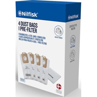 Nilfisk 128389187 stofzuigerzakken + voorfilter Power, wit, 4 zakken Nilfisk 128389187 stofzuigerzakken + voorfilter Power, wit, 4 zakken