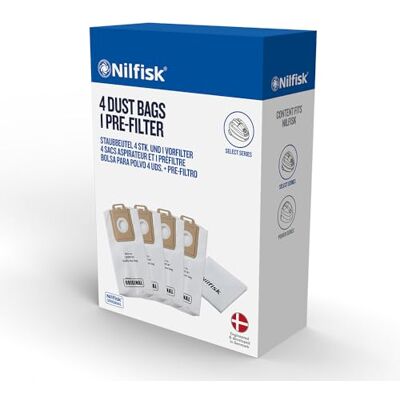 Nilfisk 128389187 stofzuigerzakken + voorfilter Power, wit, 4 zakken Nilfisk 128389187 stofzuigerzakken + voorfilter Power, wit, 4 zakken