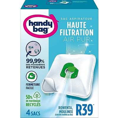 Handy Bag Stofzuigerzakken R39 x4 Compatibel met Moulinex, Rowenta, Tefal 99,99% van het vastgehouden stof Eenvoudig sluiten Anti-allergeen 50% gerecycled materiaal Handy Bag Stofzuigerzakken R39 x4 Compatibel met Moulinex, Rowenta, Tefal 99,99% van het vastgehouden stof Eenvoudig sluiten Anti-allergeen 50% gerecycled materiaal