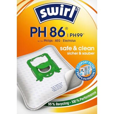 Swirl 6767103 PH 86 MicroPor Plus Pak van 10 stofzuigerzakken voor Philips, AEG, Electrolux en Volta Hypoallergene stofzuiger, duurzame en hoge zuigkracht, met 2 filters Swirl 6767103 PH 86 MicroPor Plus Pak van 10 stofzuigerzakken voor Philips, AEG, Electrolux en Volta Hypoallergene stofzuiger, duurzame en hoge zuigkracht, met 2 filters